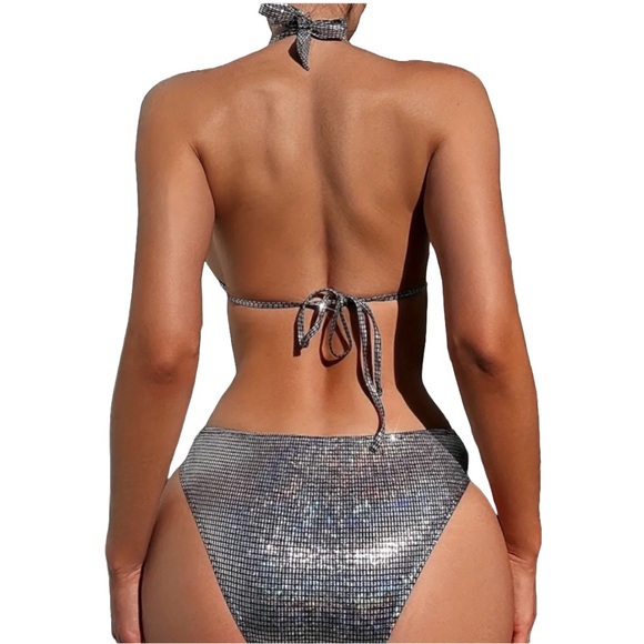 Silver Halter Plunging Neck Monokini - Picture 2 of 8